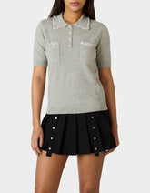 POLISHED IN PEARLS POLO HEATHER GREY Women's Grey Pearl Embellished Short Sleeve Polo Shirt