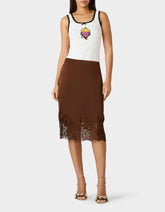 LACE SLIP SKIRT BROWN Women's Brown Midi Slip Skirt with Lace Trim