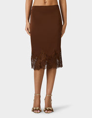 LACE SLIP SKIRT BROWN Women's Brown Midi Slip Skirt with Lace Trim