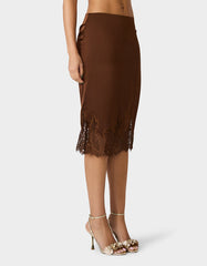 LACE SLIP SKIRT BROWN Women's Brown Midi Slip Skirt with Lace Trim