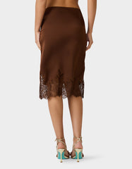 LACE SLIP SKIRT BROWN Women's Brown Midi Slip Skirt with Lace Trim