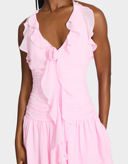 JESSIE ROSE MINI DRESS PINK Women's Ruffle Flower Halter Dress