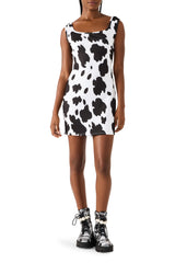 BETSEY COW PRINT DRESS BLACK/WHITE Women's Mini Tank Square-Neck Dress