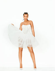SHEER BALLERINA DRESS WHITE Women's Strapless Rhinestone Embellished Tulle Mini Dress