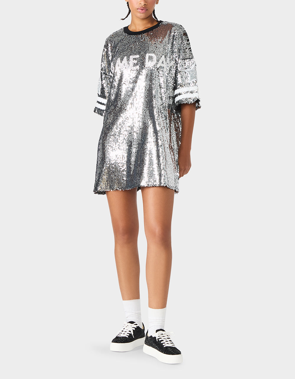 GAME DAY JERSEY SEQUIN DRESS SILVER Women's Sequin Short-Sleeved Dress
