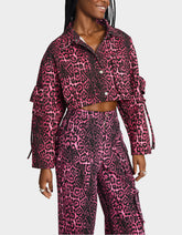 YUKI CROPPED JACKET PINK Women's Cargo Leopard Long-Sleeved Denim Jacket