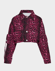 YUKI CROPPED JACKET PINK Women's Cargo Leopard Long-Sleeved Denim Jacket