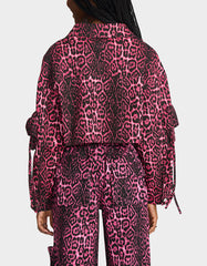 YUKI CROPPED JACKET PINK Women's Cargo Leopard Long-Sleeved Denim Jacket