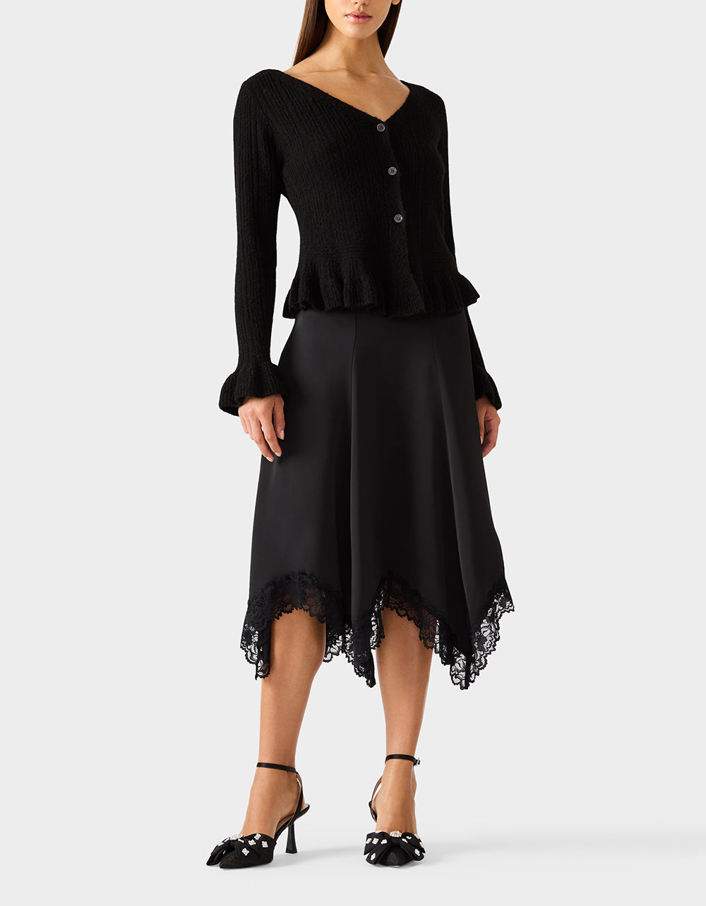 LACE SLIP MIDI SKIRT BLACK Women's Black Lace Midi Skirt