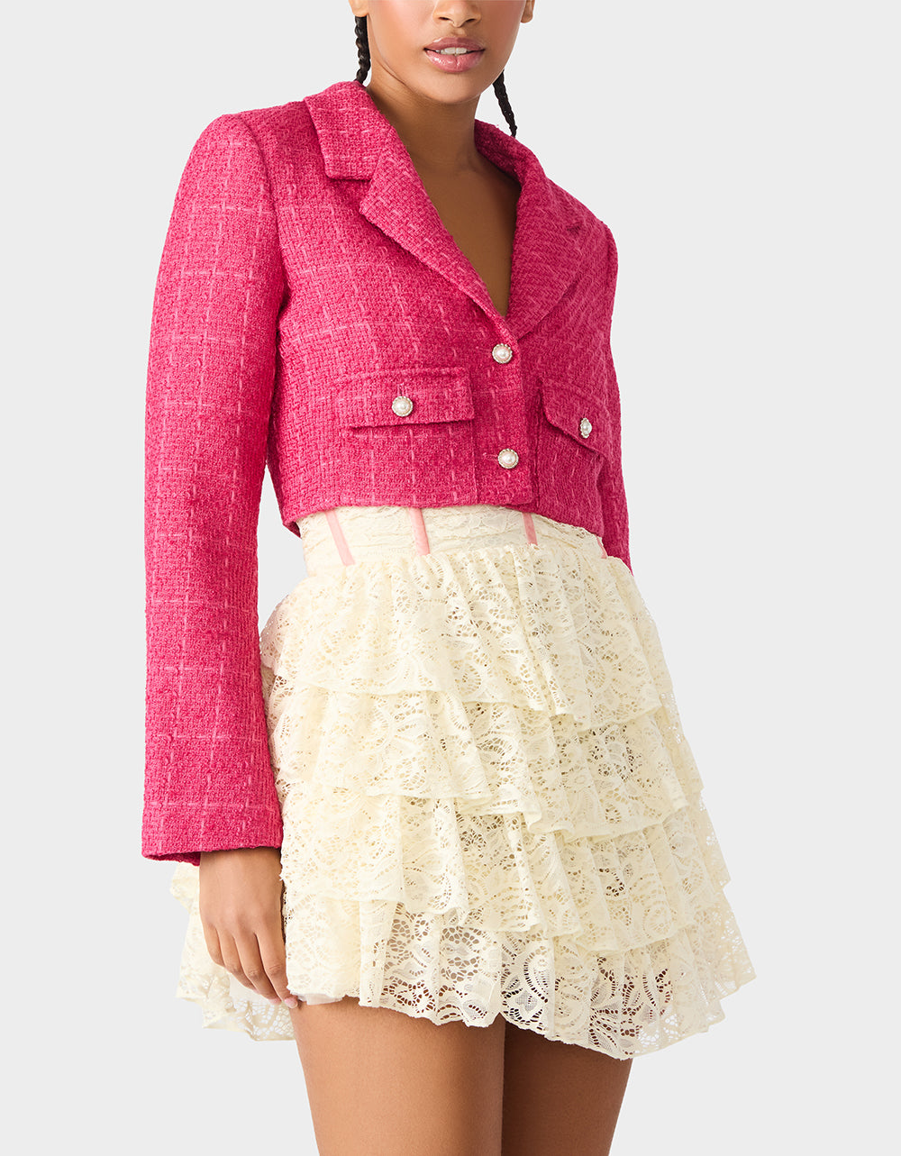 TWEED CROPPED BLAZER HOT PINK Women"s Long-Sleeved Cropped Button-Up Jacket