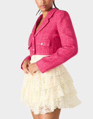 TWEED CROPPED BLAZER HOT PINK Women"s Long-Sleeved Cropped Button-Up Jacket
