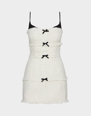 TWEED COMBO DRESS OFF WHITE Women's Tweed Bow Mini Dress