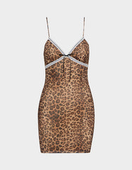 LEOPARD SLIP DRESS LEOPARD Women's Mini Lace Trim Slip Dress