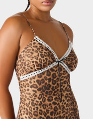 LEOPARD SLIP DRESS LEOPARD Women's Mini Lace Trim Slip Dress