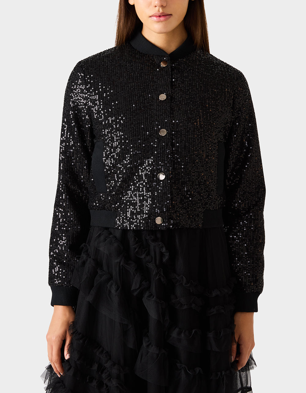 GLITTERATI BOMBER JACKET BLACK SEQUIN Women's Black Sequin Bomber Jacket