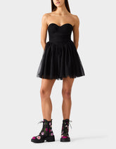 TULLE TWIRL DRESS BLACK Women's Black Strapless Tulle Mini Dress