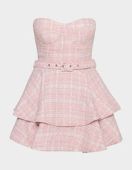 BELTED TWEED DRESS POWDER PINK Women's Strapless Croset Dress