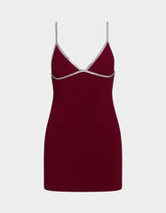 CRYSTAL SLIP DRESS WINE Women's Burgundy Wine Mini Dress with Rhinestone Details