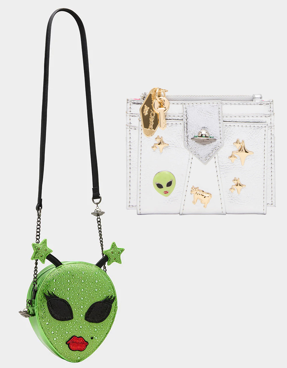 OUT OF THIS WORLD BUNDLE Women's Rhinestone Alien Crossbody Handbag and Wallet Set