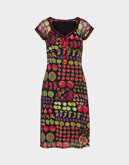 BETSEY'S FRUIT DRESS BLACK MULTI Women's Fruit Print Short-Sleeved Slip Dress