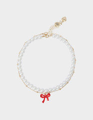 PEARL BOW NECLAKCE SET RED Women's Pearl Bow Valentine's Day Necklace Set