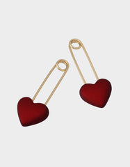 HEART SAFETY PIN DROP EARRINGS RED Women's Valentine's Day Heart Pin Drop Earrings