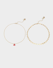 LIPS NECKLACE SET RED Women's Gold Heart Chain Lip Valentine's Day Necklace Set