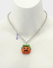 PUMPKIN PENDANT NECKLACE ORANGE Women's Halloween-Themed Pumpkin Rhinestone Pendant Necklace