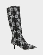 MAXXINE BLACK WHITE MULTI Pointed-Toe Knee-High Kitten Heel Women's Boot