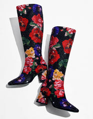 AVON BLACK FLOWER MULTI Women's Knee High Rhinestone Floral Boots