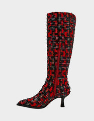 PAMELLA RED PLAID Women's Knee High Kitten Heel Boot with Pointed Toe