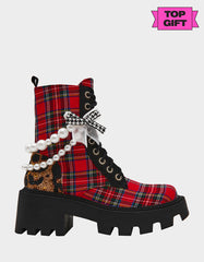 HARIETT RED PLAID Platform Lace-Up Lug Combat Pearl Women's Ankle Boot