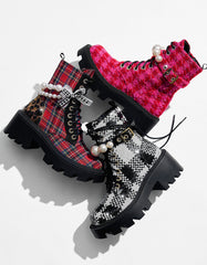 HARIETT RED PLAID Platform Lace-Up Lug Combat Pearl Women's Ankle Boot