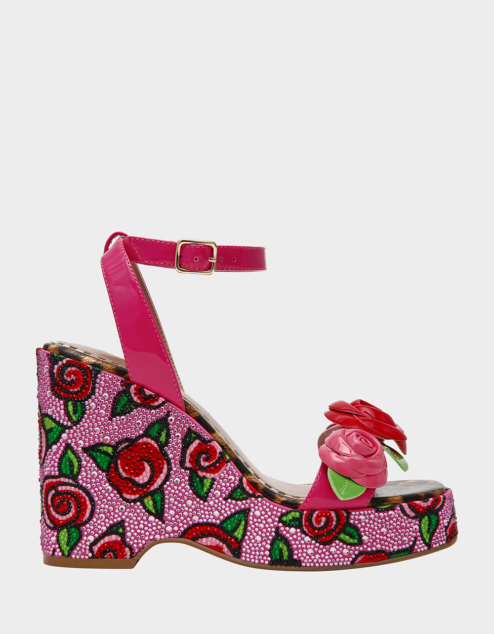 LIZZETE Fuchsia Rose Platform Flowers Embellished Women's Wedge Heel