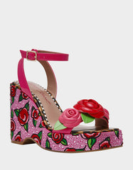 LIZZETE Fuchsia Rose Platform Flowers Embellished Women's Wedge Heel