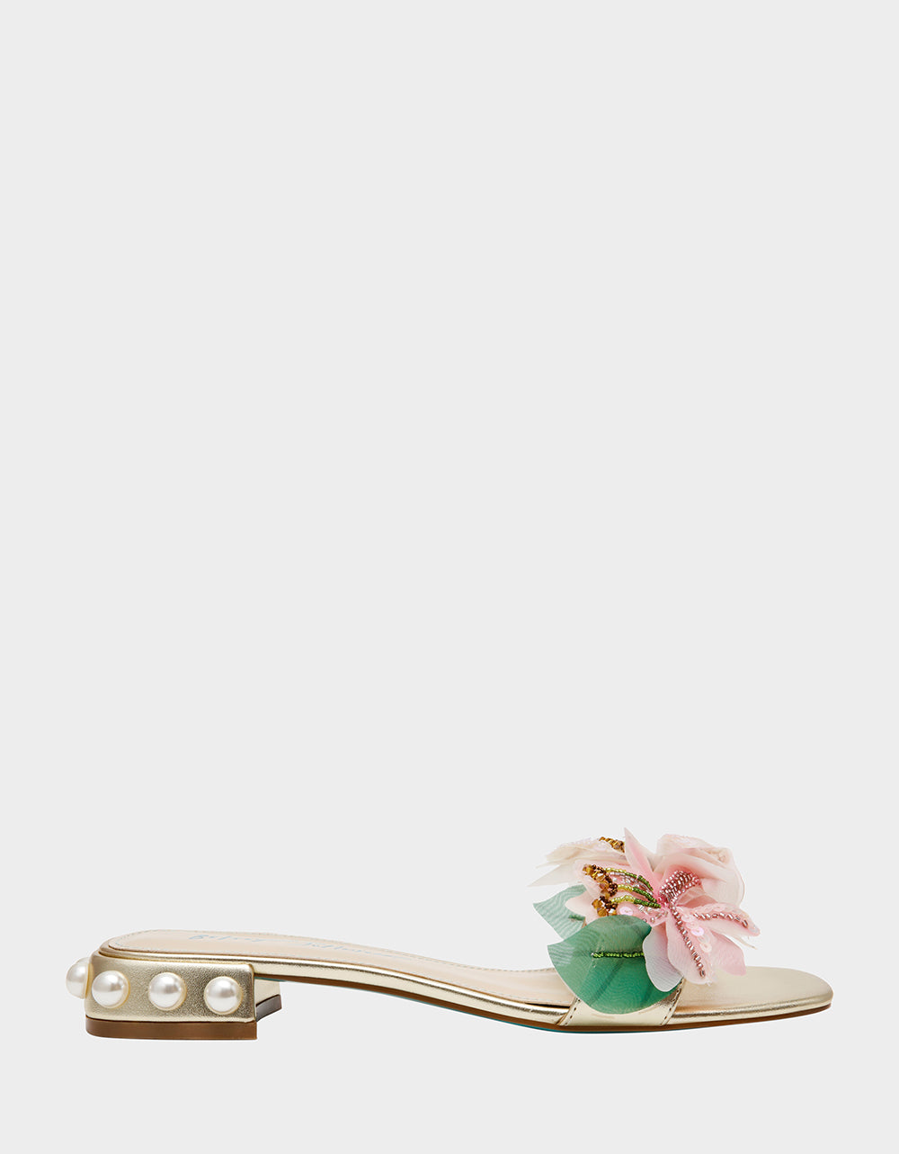 ROSIA Light Gold Flower Embellished Pearl Square-Toe Women's Block Heel