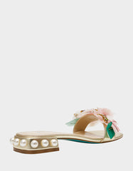 ROSIA Light Gold Flower Embellished Pearl Square-Toe Women's Block Heel
