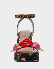 LIZZETE Black Rose Platform Flowers Embellished Women's Wedge Heel