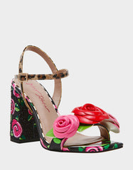 KRYSTLE Black Rose Flower Embellished Women's Block Heel