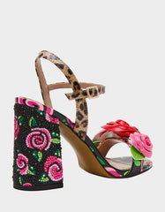 KRYSTLE Black Rose Flower Embellished Women's Block Heel