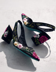 LIRA BLACK MULTI FLORAL Pointed-Toe Slingback Mesh Women's Heel