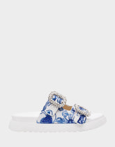 MATIE WHITE BLUE FLORAL Women's Footbed Slip-On Floral Rhinestone Sandal