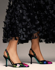 APRIL BLACK MULTI FLORAL Pointed-Toe Slingback Pump Heels
