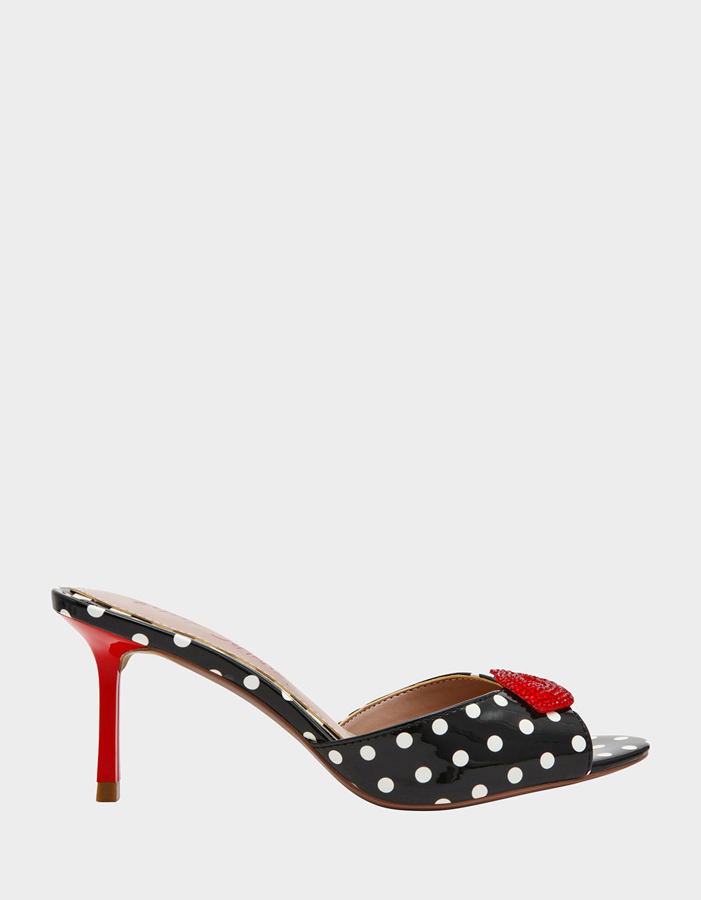CASIDY WHITE BLACK POLKA DOT Women's Polka Dot Mule Heels with Rhinestone Lip