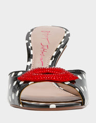 CASIDY WHITE BLACK POLKA DOT Women's Polka Dot Mule Heels with Rhinestone Lip