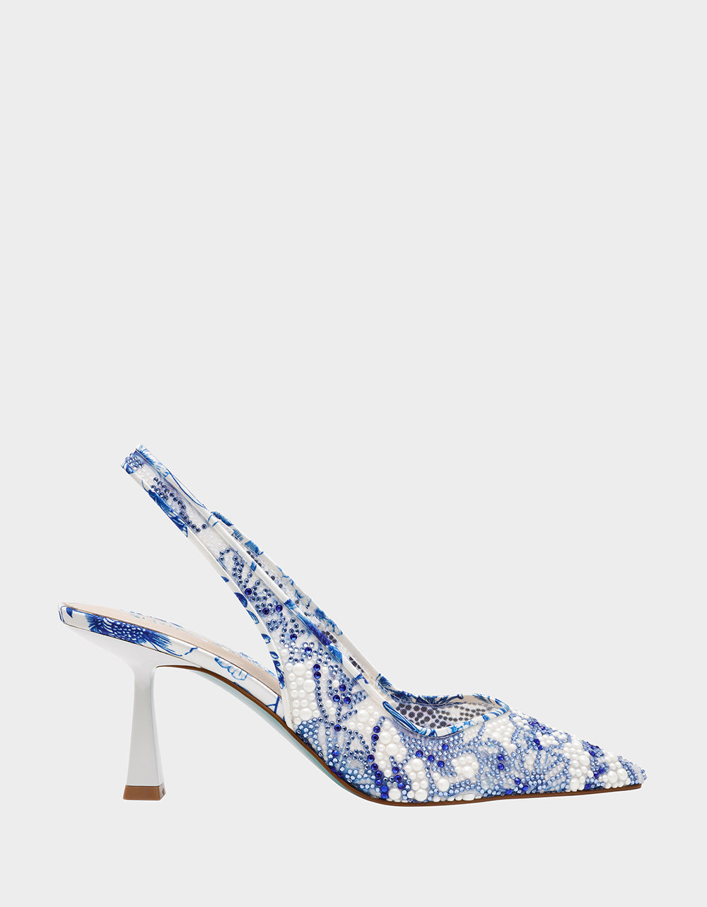 CLARK HEELS WHITE/BLUE FLORAL Women's Sling-Back Mesh Rhinestone Heel