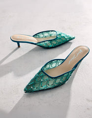 ELLIS EMERALD Pointed-Toe Mesh Embellished Mule Women's Kitten Heel