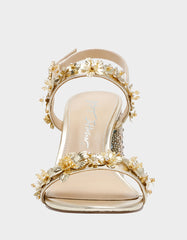 DRUE LIGHT GOLD Strappy Open-Toe Rhinestone Embellished Flower Women's Heel