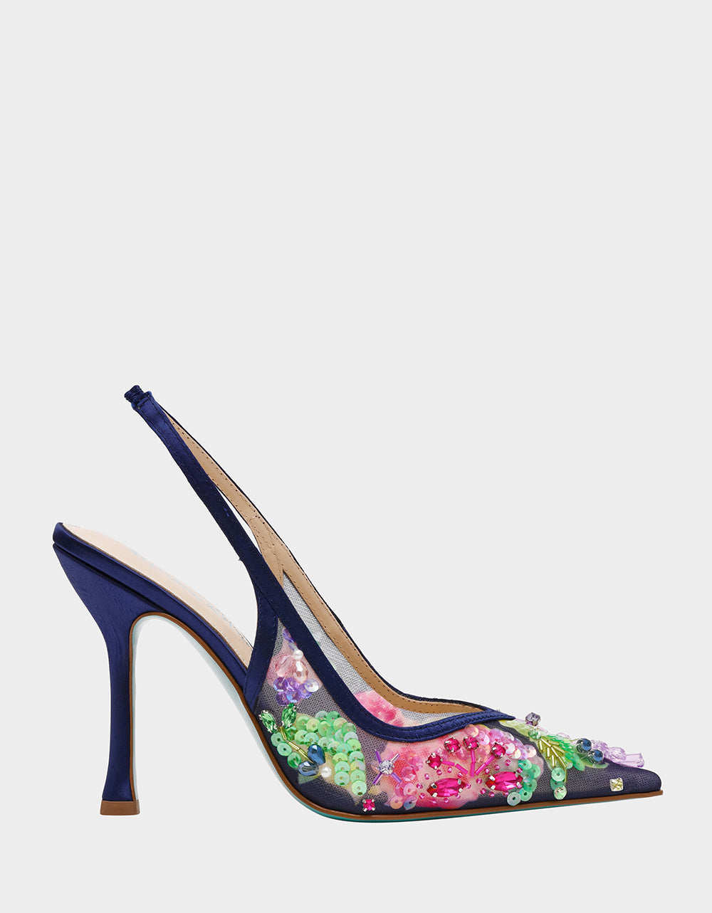 EDDIE NAVY MULTI Women's Floral Embellished Slingback Mesh High Heel