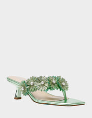 LESLI Mint Women's Square-Toe Mule Kitten Heel Rhinestone Embellished Flower Heel